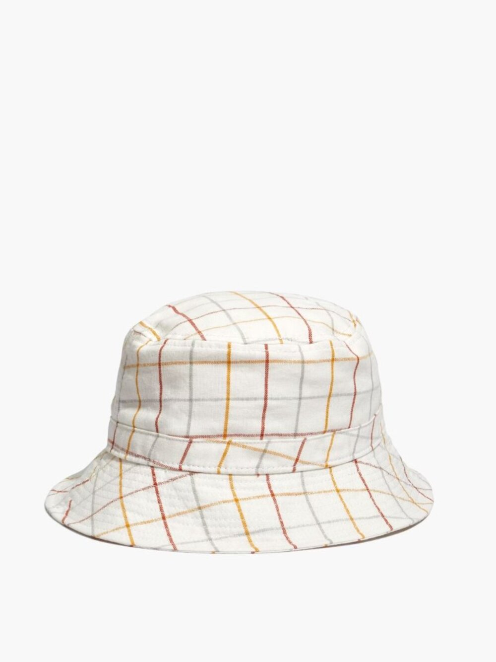 Madewell White Bucket Hat with Rust and Mustard Plaid